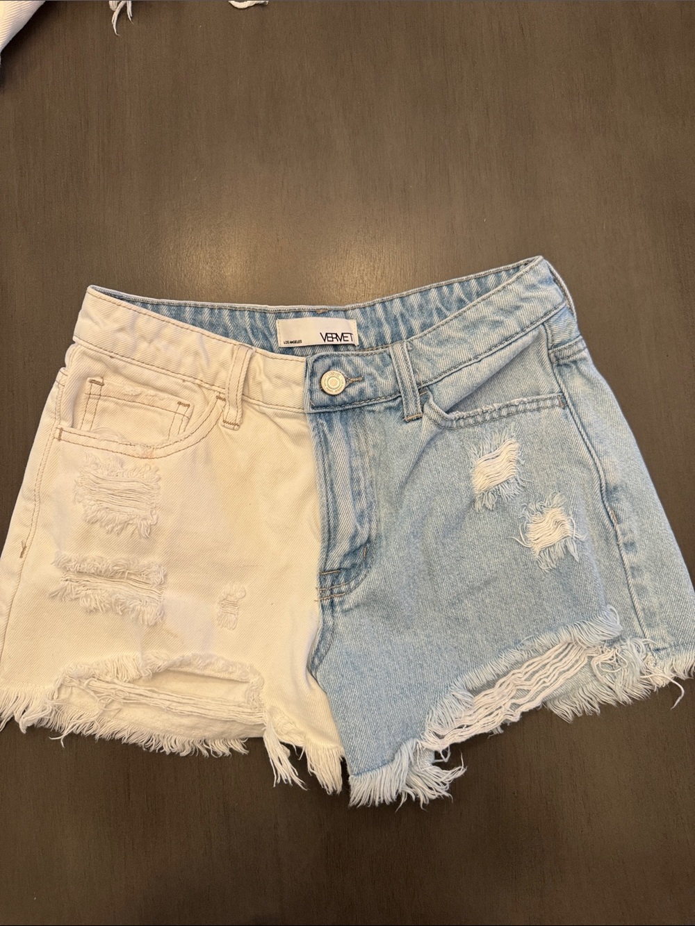 VERVE Two-Tone Distressed Denim Shorts in Blue & Cream
